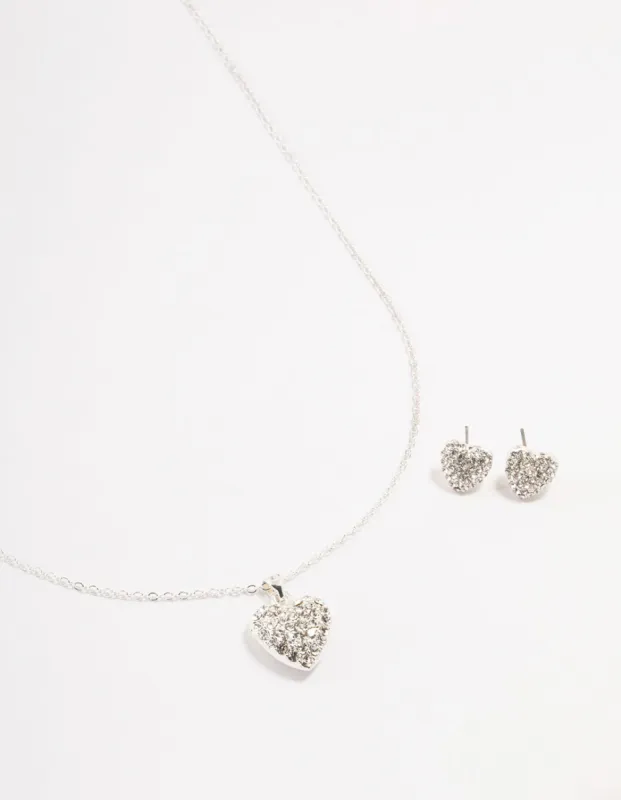 Silver Diamante Heart Necklace & Stud Earrings Set sold by lovisa