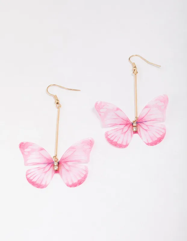Gold & Pink Diamante Fabric Butterfly Drop Earrings sold by lovisa