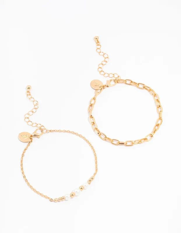 Gold Chain Link & Pearl Bracelets 2-Pack sold by lovisa