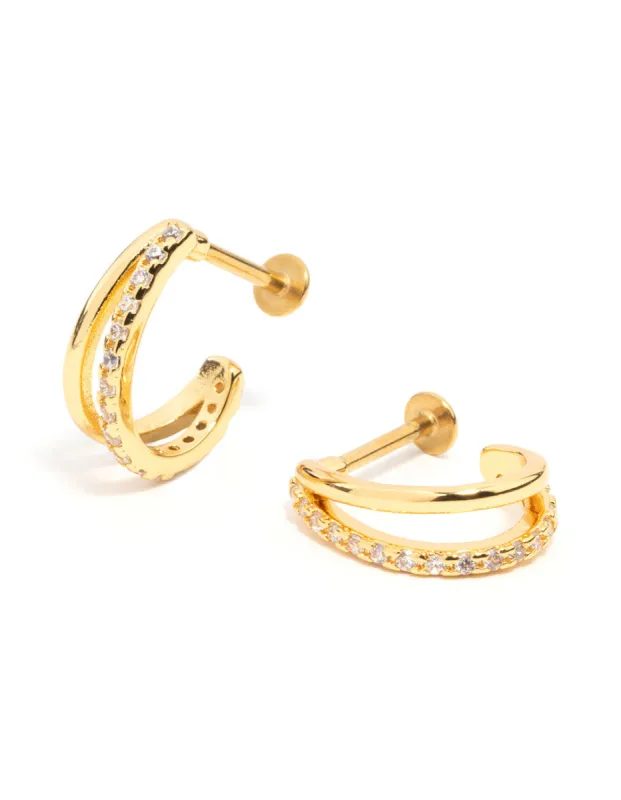 Gold Plated Surgical Steel Double Cubic Zirconia Hoop Flat Back 2-Pack sold by lovisa