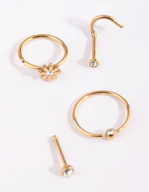 Gold Plated Surgical Steel Flower & Diamante Nose Stud 6-Pack sold by lovisa