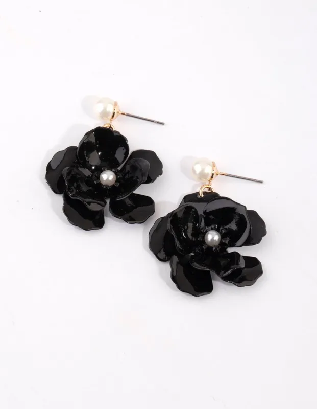 Matte Black Flower Drop Earrings sold by lovisa