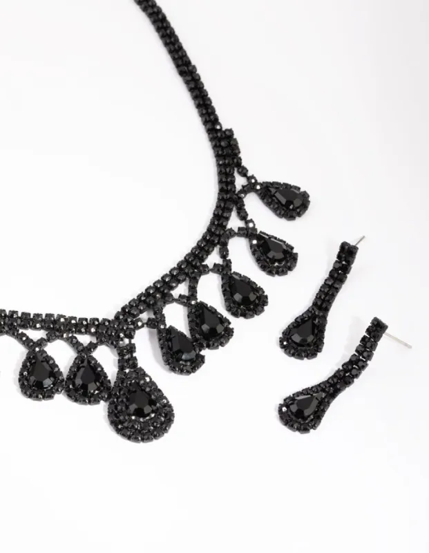 Matte Black Teardrop Diamante Necklace & Earring Set sold by lovisa