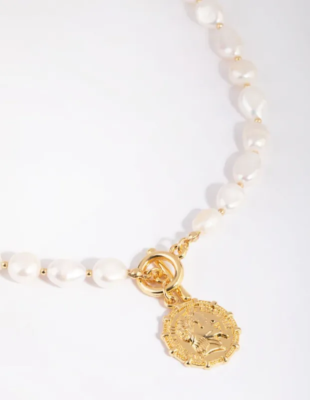 Gold Plated Coin & Fob Necklace with Freshwater Pearl sold by lovisa