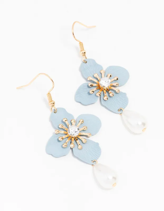 Gold Blue Teardrop Pearl Flower Drop Earrings sold by lovisa