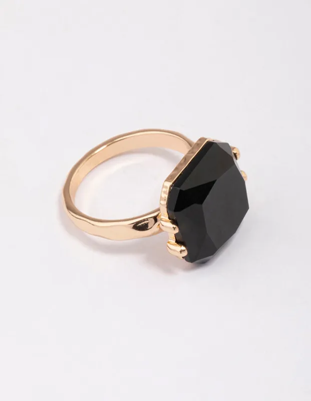 Gold Emerald-Cut Black Stone Ring sold by lovisa