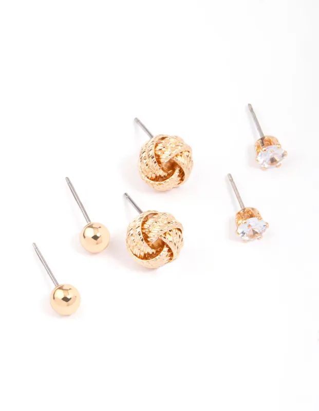 Gold Diamante Knotted Stud Earring 3-Pack sold by lovisa
