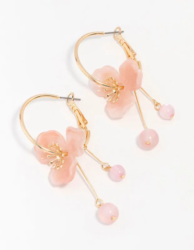 Gold Peach Acrylic Flower Beaded Hoop Earrings sold by lovisa