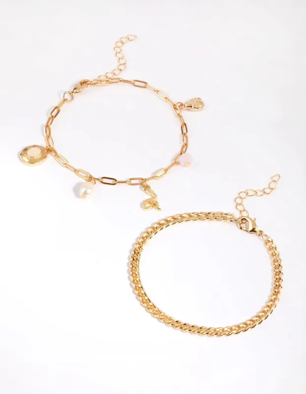 Gold Plated Bracelet Set with Rose Quartz Charms sold by lovisa