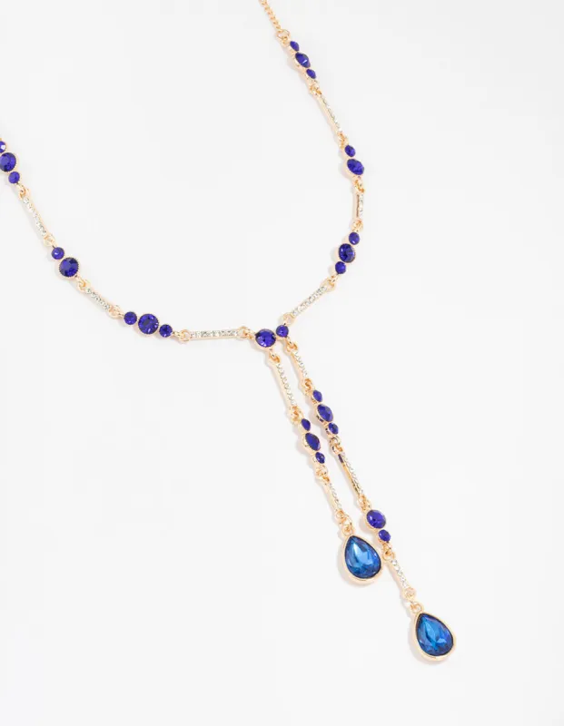 Gold Blue Diamante Y-Necklace sold by lovisa