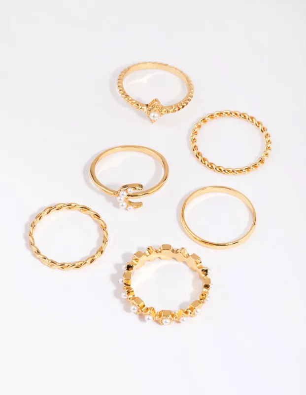 Gold Plated Vintage Rings with Freshwater Pearls 6-Pack sold by lovisa