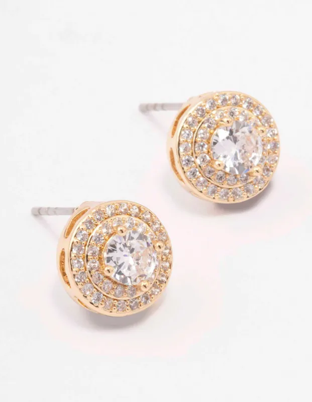 Gold Round Stone Ornate Stud Earrings sold by lovisa