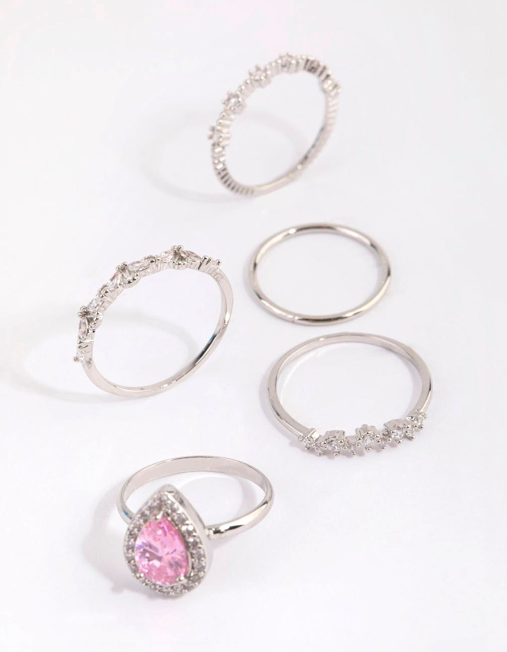 Rhodium Cubic Zirconia Pink Diamante Ring 5-Pack sold by lovisa