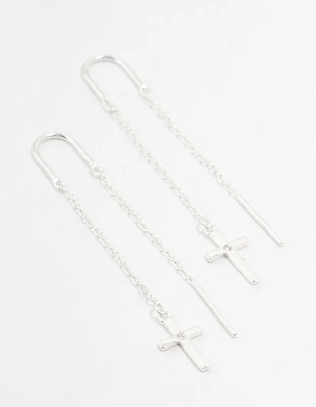 Sterling Silver Thread Through Cross Drop Earrings sold by lovisa