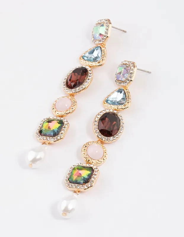 Gold Diamante Mixed Jewel Stone Drop Earrings sold by lovisa