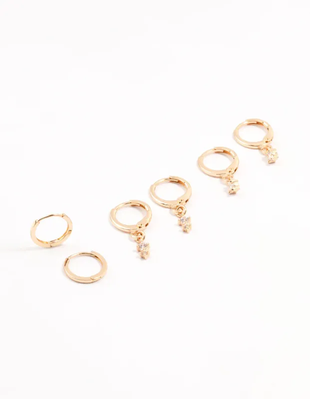 Gold Dainty & Round Cubic Zirconia Hoop Earrings 3-Pack sold by lovisa