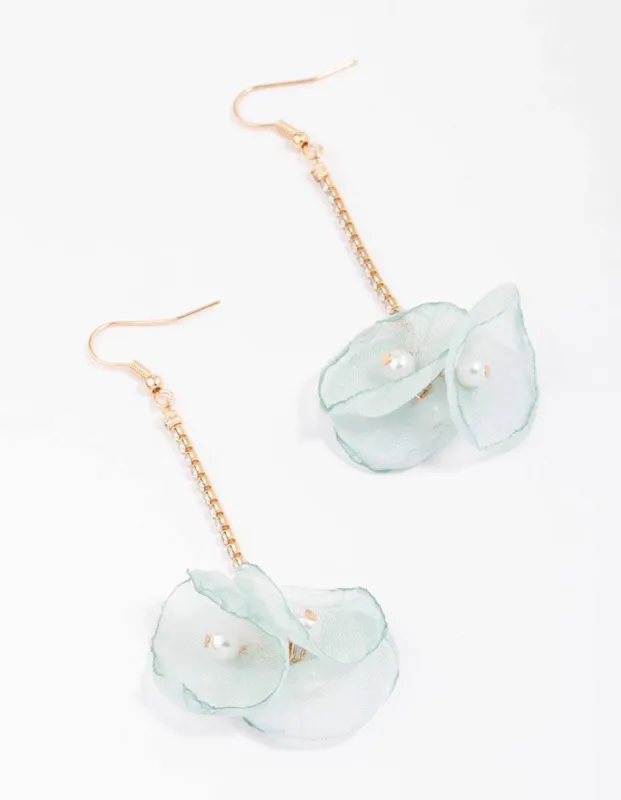 Gold & Blue Cup Chain Flower Pearl Drop Earrings sold by lovisa