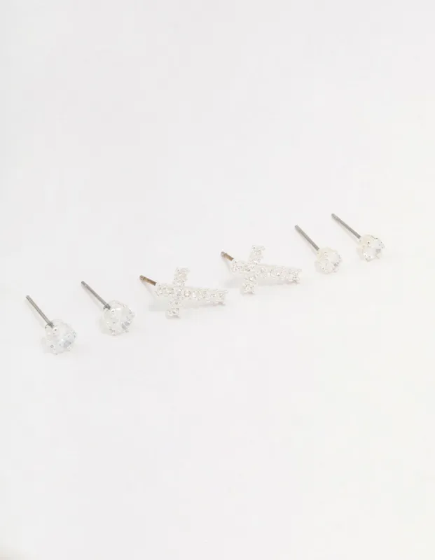Silver Cubic Zirconia Multi Stud Earrings 3-Pack sold by lovisa
