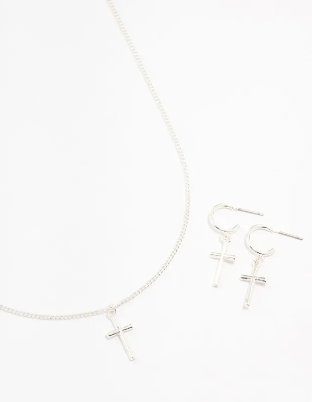 Sleek Silver Cross Necklace & Earring Set sold by lovisa