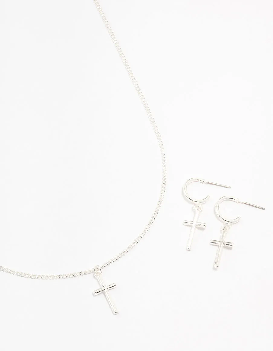 Sleek Silver Cross Necklace & Earring Set sold by lovisa