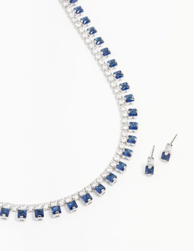 Silver Cubic Zirconia Sapphire Necklace & Earring Set sold by lovisa