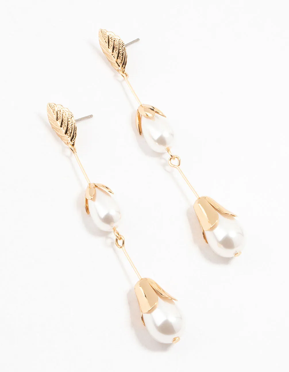 Gold Leaf Triple Pearl Drop Earrings sold by lovisa