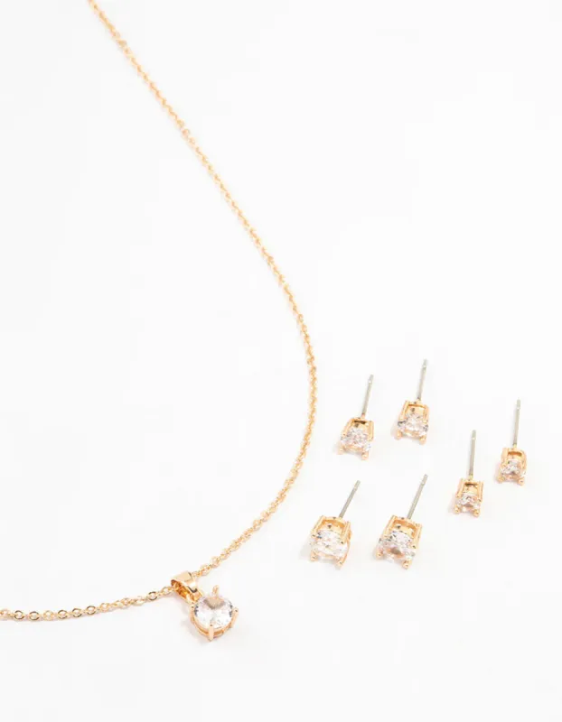 Gold Multiple Cubic Zirconia 6-Pack Stud  Earrings & Necklace Set sold by lovisa
