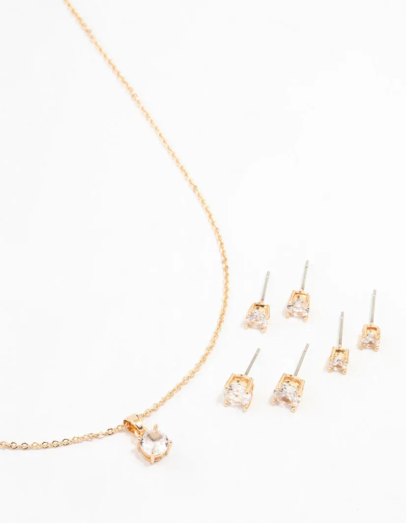 Gold Multiple Cubic Zirconia 6-Pack Stud Earrings & Necklace Set sold by lovisa