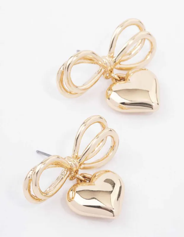 Gold Heart Bow Drop Earrings sold by lovisa