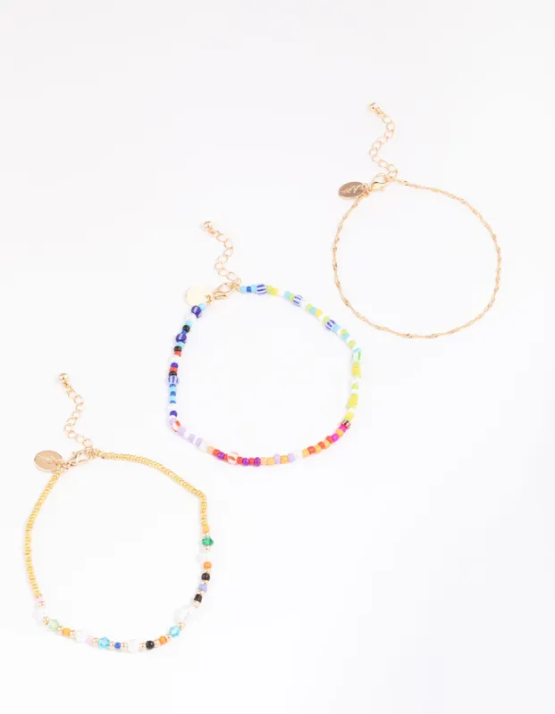 Gold Mixed Beaded & Pearl Anklet 3-Pack sold by lovisa