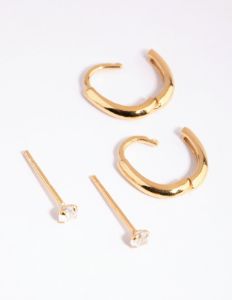 Gold Plated Sterling Silver Diamante & Oval Huggie Earring Pack sold by lovisa