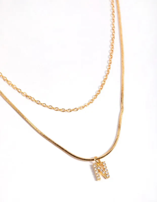 Letter N Gold Plated Layered Diamante Initial Necklace sold by lovisa