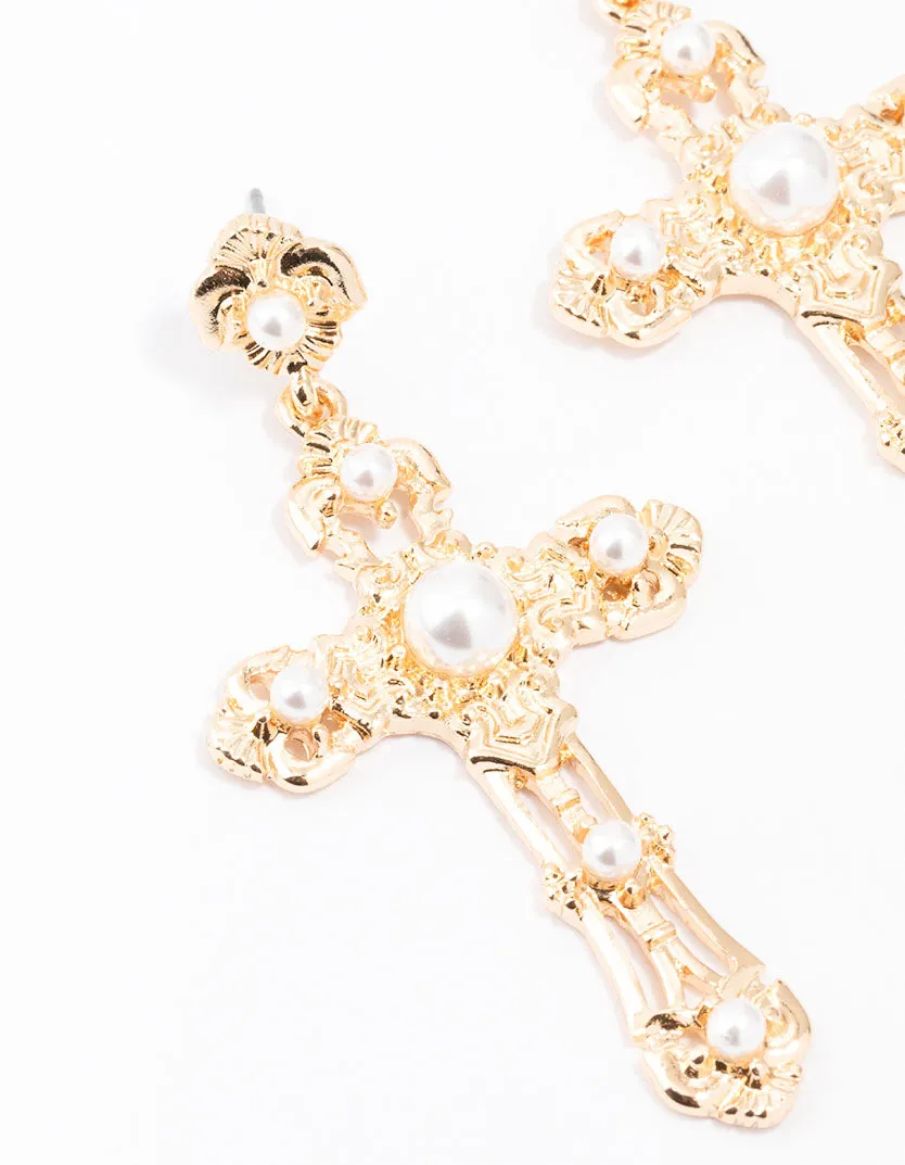 Small Gold Pearl Cross Drop Earrings sold by lovisa product image thumbnail 2