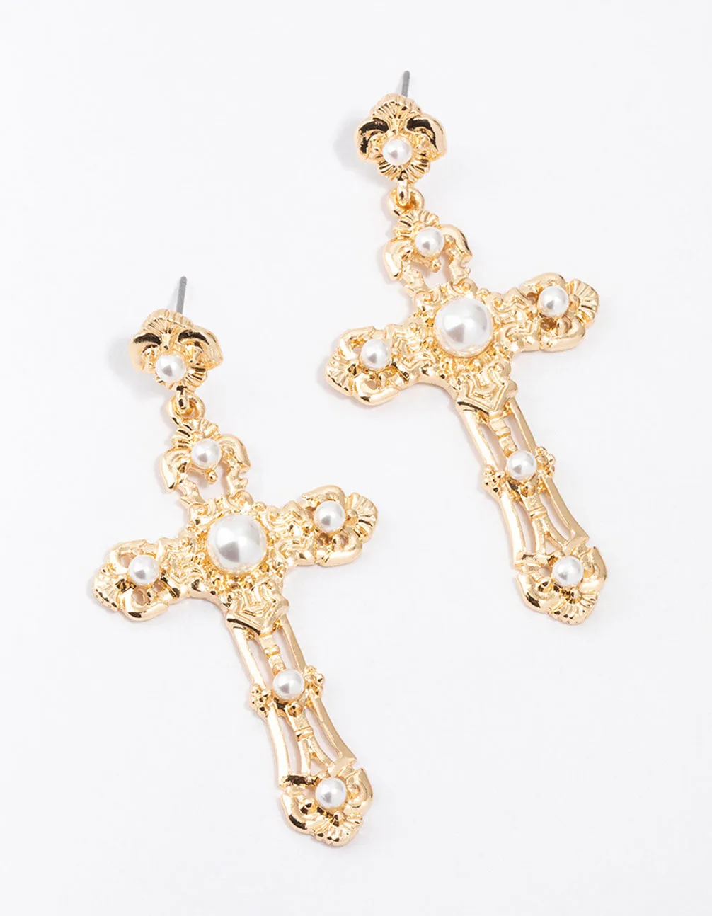 Small Gold Pearl Cross Drop Earrings sold by lovisa