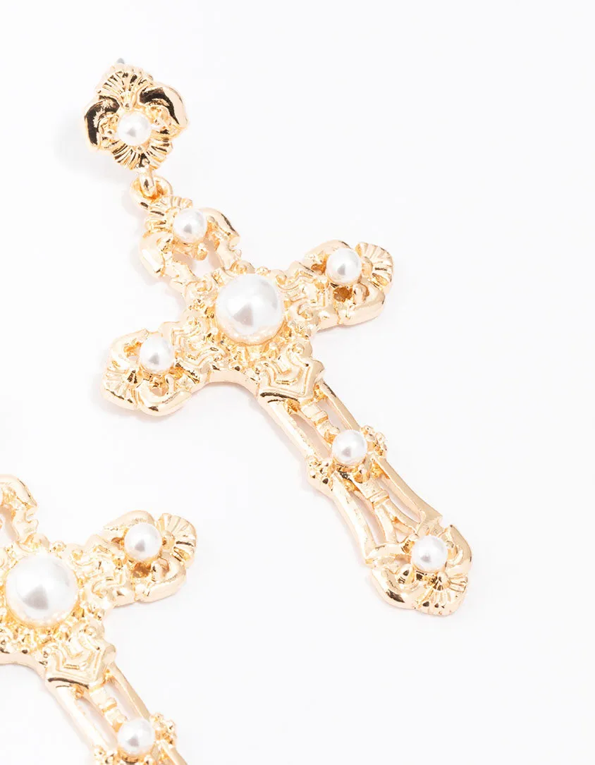 Small Gold Pearl Cross Drop Earrings sold by lovisa product image thumbnail 3