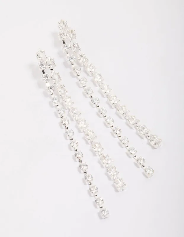 Silver Cubic Zirconia Double Row Square & Round Drop Earrings sold by lovisa