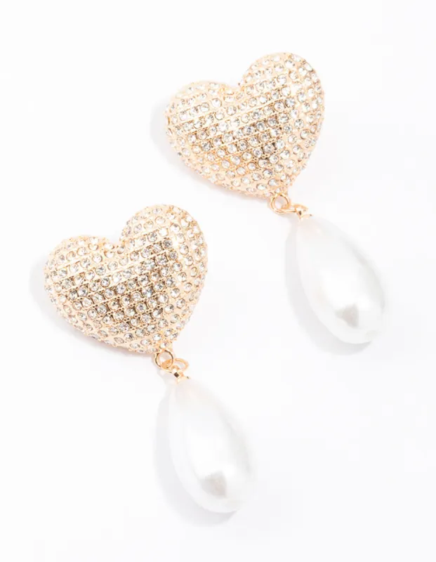 Gold Diamante Pearl Heart Drop Earrings sold by lovisa