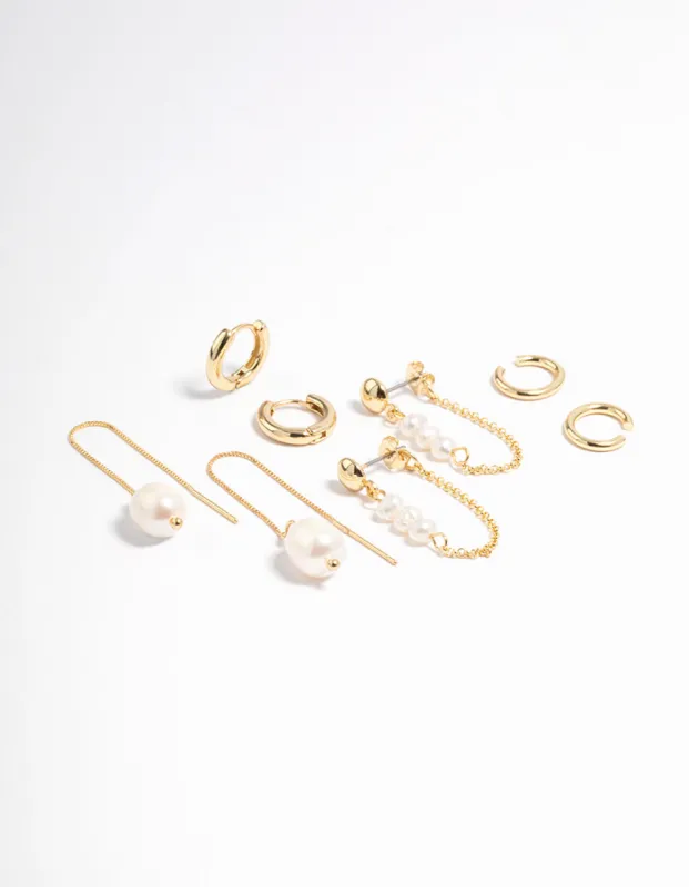 Gold Plated Freshwater Pearl Threader Huggie Earrings 4-Pack sold by lovisa