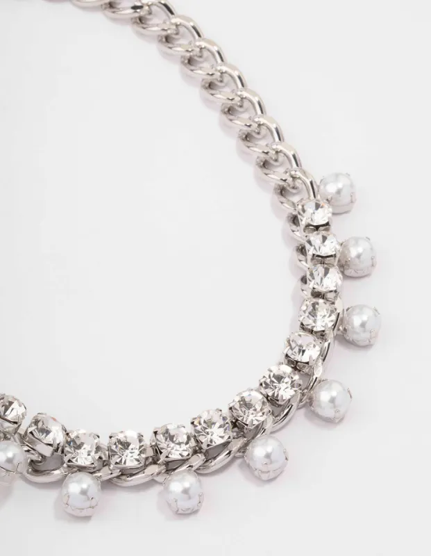 Silver Chunky Diamante & Pearl Choker sold by lovisa