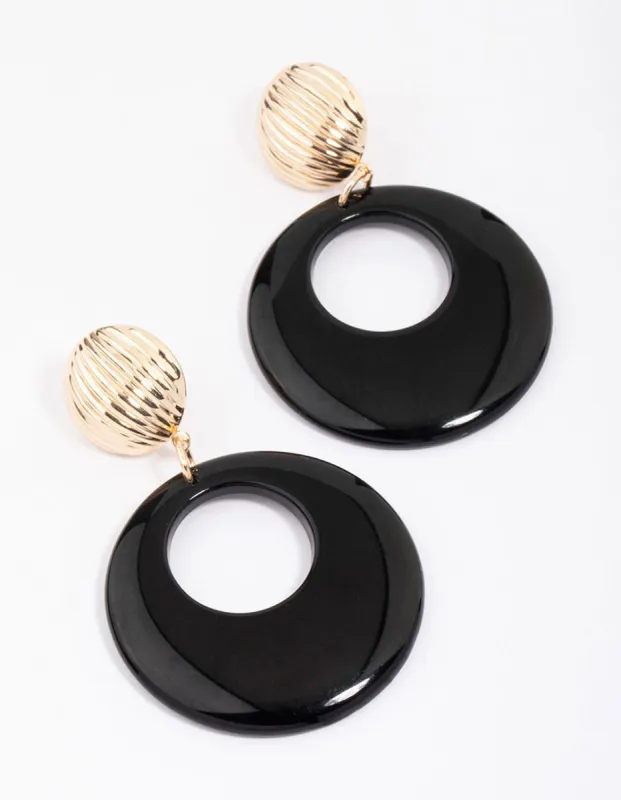 Gold & Black Ribbed Circular Drop Earrings sold by lovisa