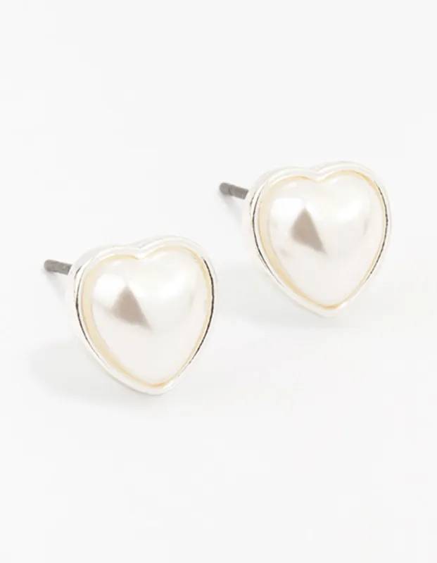 Silver Pearl Heart Stud Earrings sold by lovisa