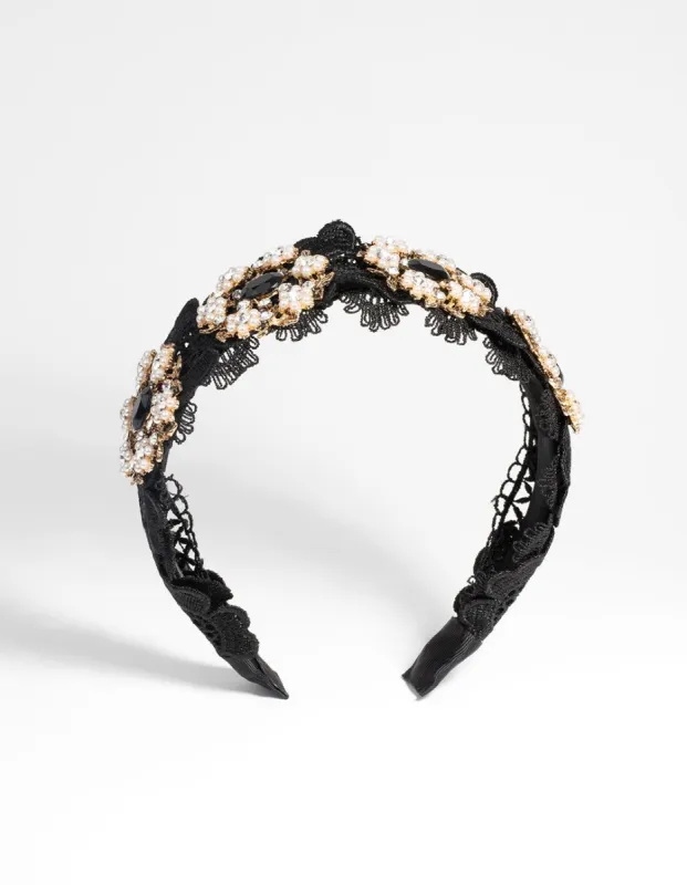 Black Lace & Flower Beaded Headband sold by lovisa