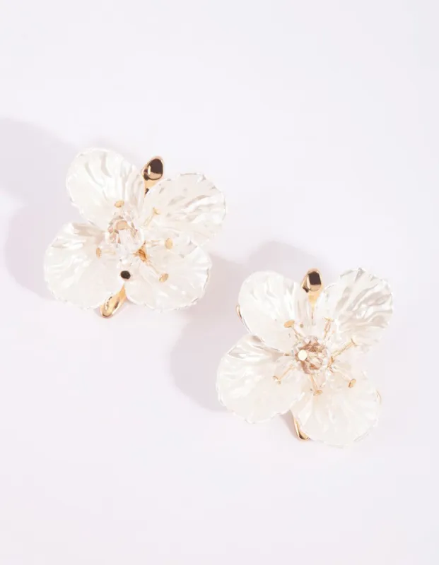 Gold Large Pearlised Flower Earrings sold by lovisa