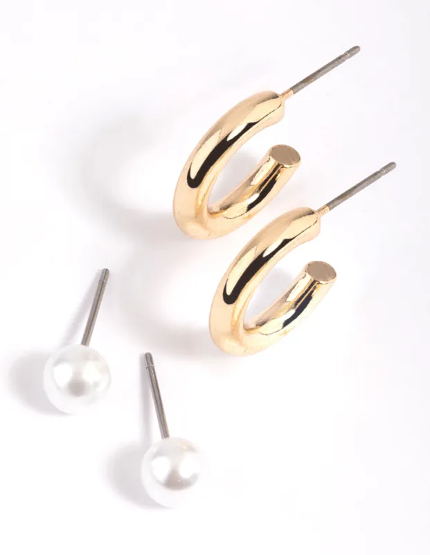 Gold Pearl & Plain Hoop Earring Pack sold by lovisa