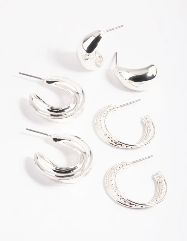 Rhodium Mixed Textured Thick Earrings Pack sold by lovisa