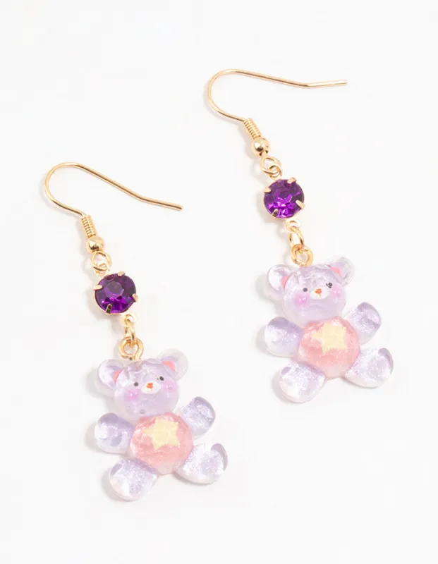 Purple Acrylic Diamante Glitter Teddy Bear Drop Earrings sold by lovisa