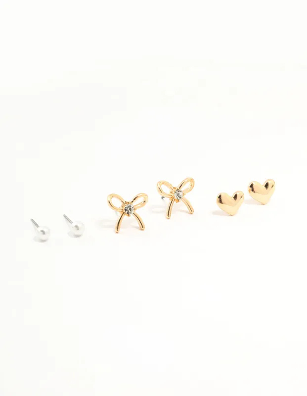 Gold Pearl Heart Bow Earrings 3-Pack sold by lovisa