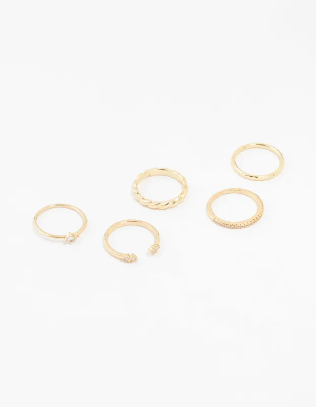 Gold Plated Dainty Diamante Rings 5-Pack sold by lovisa