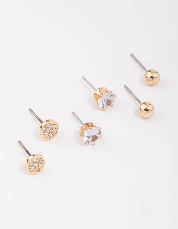 Gold Glitter Diamante Stud Earrings 3-Pack sold by lovisa
