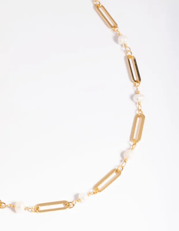 Gold Plated Freshwater Pearl Oval Chain Link Necklace sold by lovisa